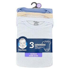 Gerber Onesies Bodysuits Boys Newborn Blue Tan Striped Ribbed Cotton 3 Pack